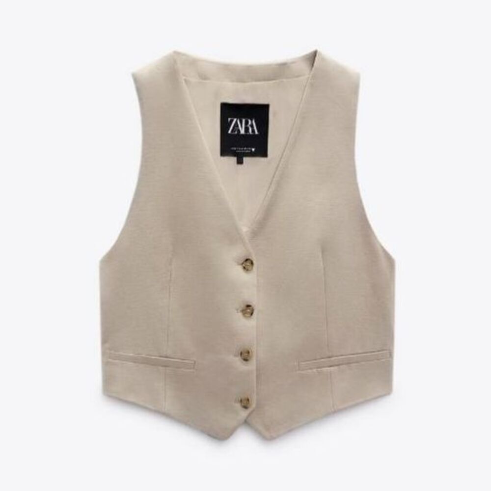 ๐3/$30๐ Zara Linen Blend Taupe Vest Button Tailored Waistcoat V-Neck Medium - Picture 1 of 7